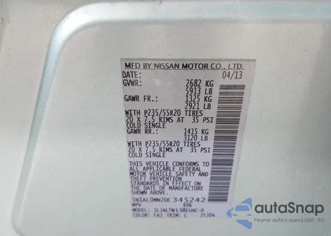 2013 Infiniti Jx35 z USA, uszkodzony, nr VIN 5N1AL0MN2DC345242